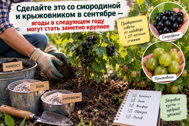 Смородина и крыжовник вымахали крупнее монеты 5 рублей - всё дело в сентябрьской подкормке