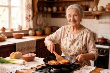 Бабушка жарит котлеты для внука Создано при помощи ИИ